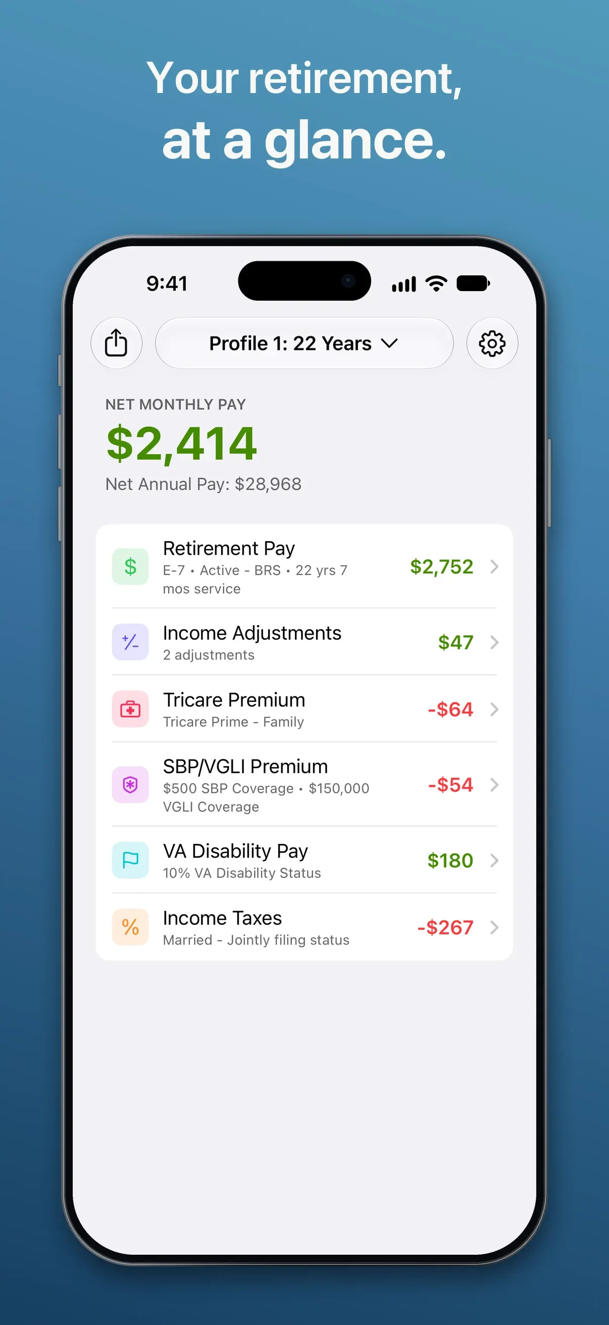 Military Retirement app store screenshot 1 — Finance (iOS)