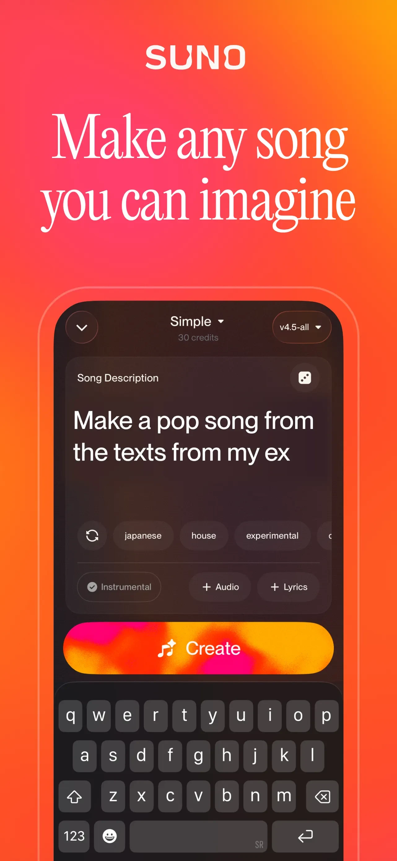 Suno - AI Songs, Music, Lyrics app store screenshot 1 — Music (iOS)