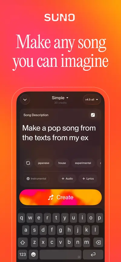 Suno - AI Songs, Music, Lyrics app store screenshot 1 — Music (iOS)