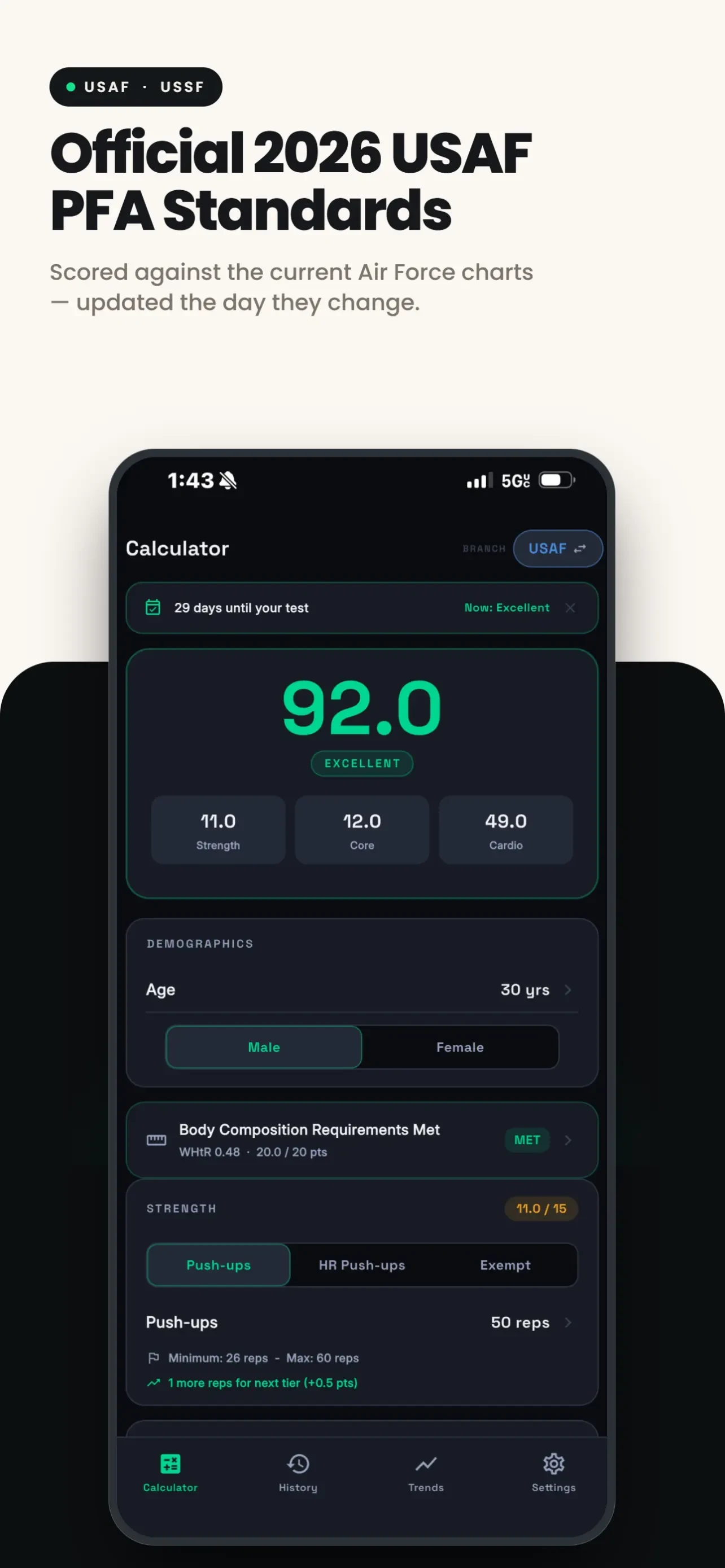 PFA Calculator 2026: Air Force app store screenshot 1 — Health & Fitness (iOS)