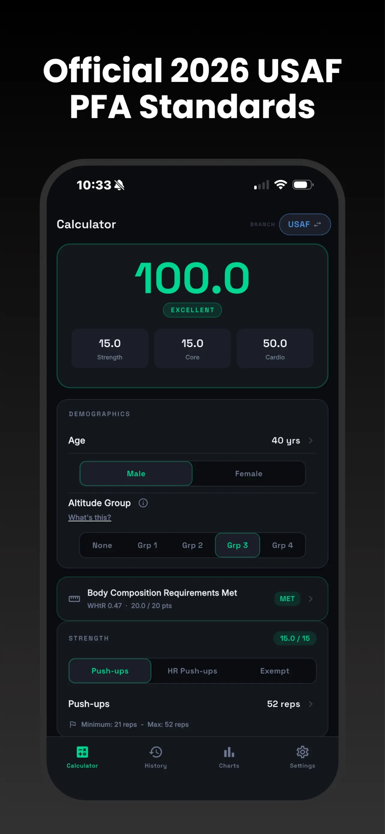 PFA HPA Calculator - Air Force app store screenshot 1 — Health & Fitness (iOS)