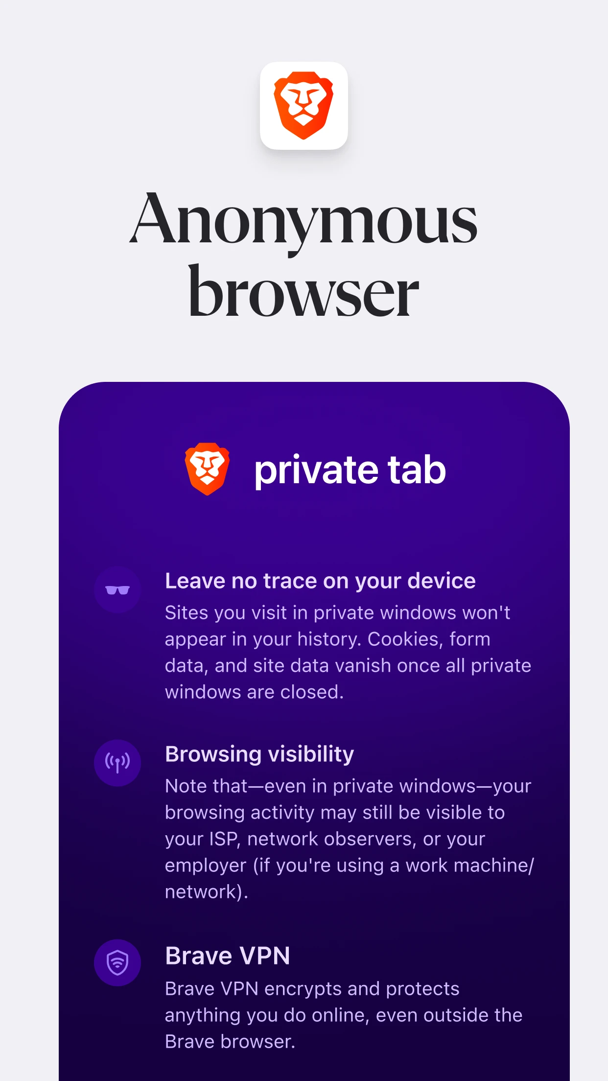 Brave Private Web Browser, VPN app store screenshot 3 — Communication (Android)